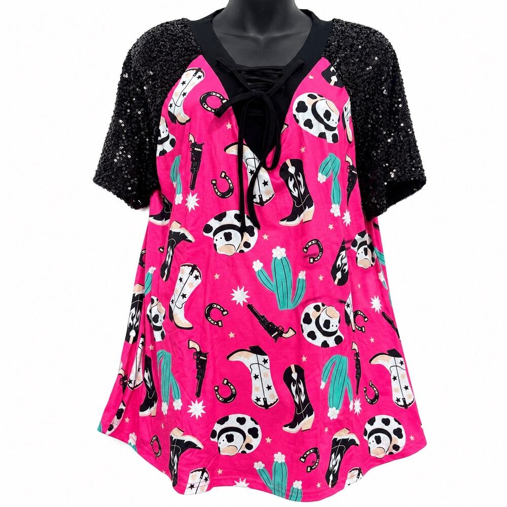 Southern Stitch NWT Women L Hot Pink Western Cowgirl Sequin Sleeve Tunic Top